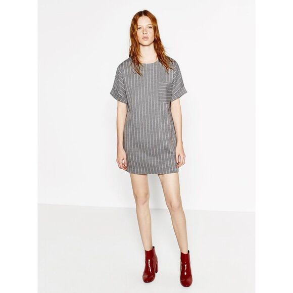 Zara Cotton Pinstripe Tunic Oversize Mini Dress Gray Dolman Sleeve Pocket Medium - Picture 1 of 6